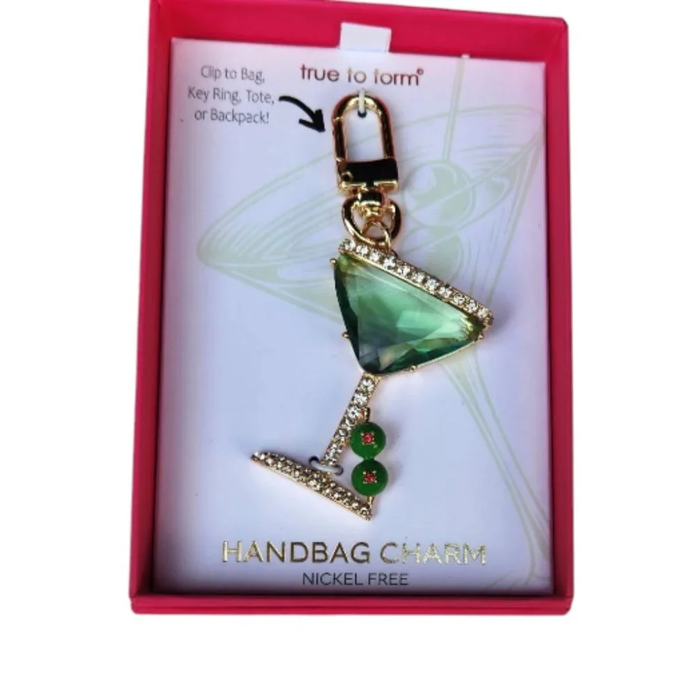 True To Form Rhinestone Glass Martini Keychain Bag Charm w/ Olives